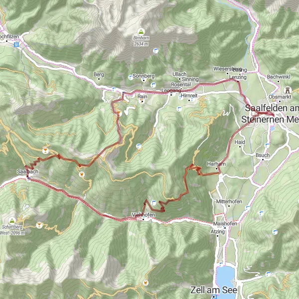 Mapa miniatúra "Trasa Saalfelden am Steinernen Meer - Sausteigen - Vorderglemm - Mardeckkopf - Ecking - Obsmarkt" cyklistická inšpirácia v Salzburg, Austria. Vygenerované cyklistickým plánovačom trás Tarmacs.app