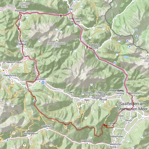 Miniaturní mapa "Gravel Route Dorfheim - Saalfelden am Steinernen Meer" inspirace pro cyklisty v oblasti Salzburg, Austria. Vytvořeno pomocí plánovače tras Tarmacs.app