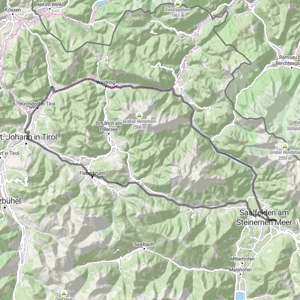 Miniaturní mapa "Road Route near Saalfelden am Steinernen Meer" inspirace pro cyklisty v oblasti Salzburg, Austria. Vytvořeno pomocí plánovače tras Tarmacs.app