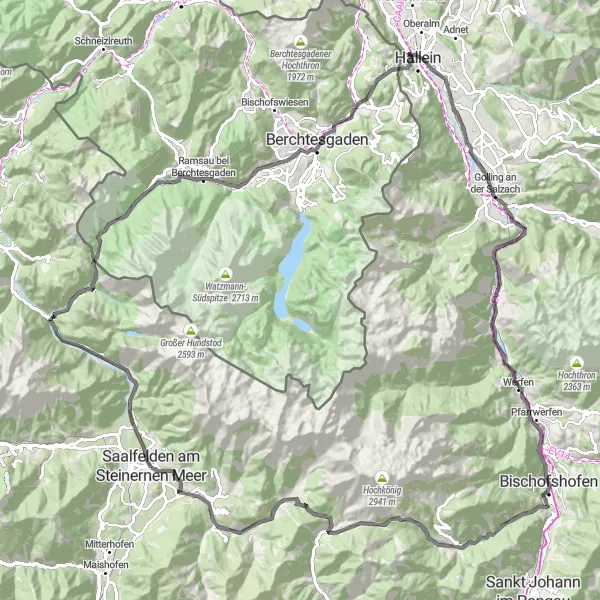 Miniature de la carte de l'inspiration cycliste "Tour panoramique du Hochkönig" dans la Salzburg, Austria. Générée par le planificateur d'itinéraire cycliste Tarmacs.app