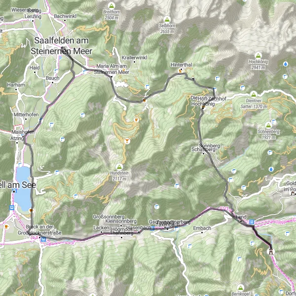Karttaminiaatyyri "Maantiepyöräilyn kierros" pyöräilyinspiraatiosta alueella Salzburg, Austria. Luotu Tarmacs.app pyöräilyreittisuunnittelijalla