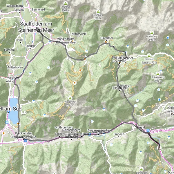 Miniatura della mappa di ispirazione al ciclismo "Ciclismo su strada tra montagne e laghi a Saalfelden am Steinernen Meer" nella regione di Salzburg, Austria. Generata da Tarmacs.app, pianificatore di rotte ciclistiche