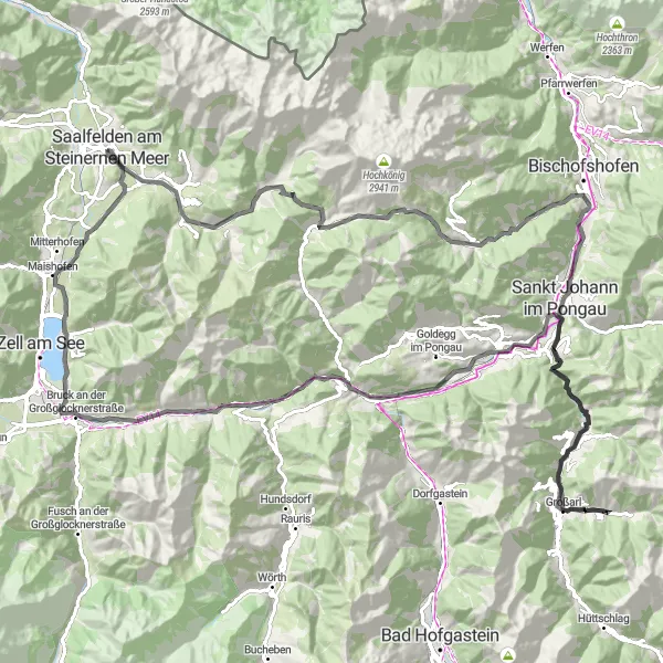Miniatua del mapa de inspiración ciclista "Ruta Desafiante Großarl" en Salzburg, Austria. Generado por Tarmacs.app planificador de rutas ciclistas