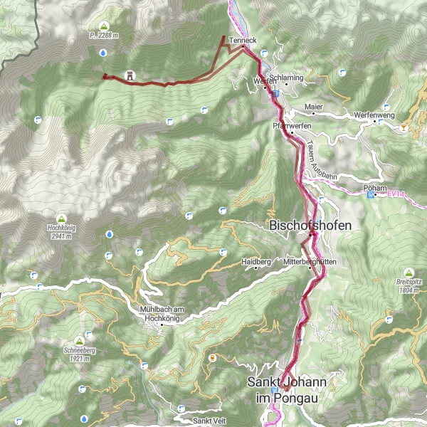 Miniature de la carte de l'inspiration cycliste "Exploration de Pfarrwerfen et Feuergsengköpfl" dans la Salzburg, Austria. Générée par le planificateur d'itinéraire cycliste Tarmacs.app