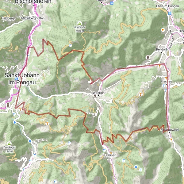 Miniatura della mappa di ispirazione al ciclismo "Giro in bicicletta attraverso i panorami mozzafiato delle Alpi" nella regione di Salzburg, Austria. Generata da Tarmacs.app, pianificatore di rotte ciclistiche