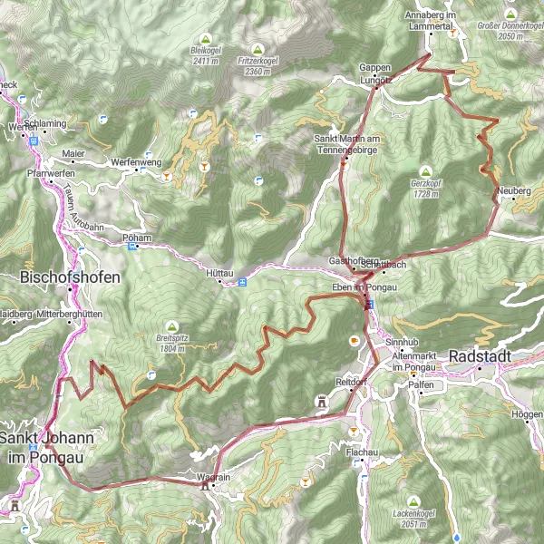 Map miniature of "Ultimate Gravel Challenge: Sankt Johann im Pongau - Obergründeck" cycling inspiration in Salzburg, Austria. Generated by Tarmacs.app cycling route planner