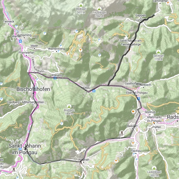 Map miniature of "Scenic Road Ride through Sankt Johann im Pongau" cycling inspiration in Salzburg, Austria. Generated by Tarmacs.app cycling route planner