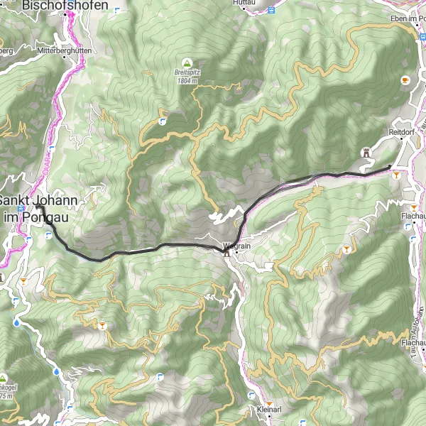 Mapa miniatúra "Alpine Adventure Loop" cyklistická inšpirácia v Salzburg, Austria. Vygenerované cyklistickým plánovačom trás Tarmacs.app