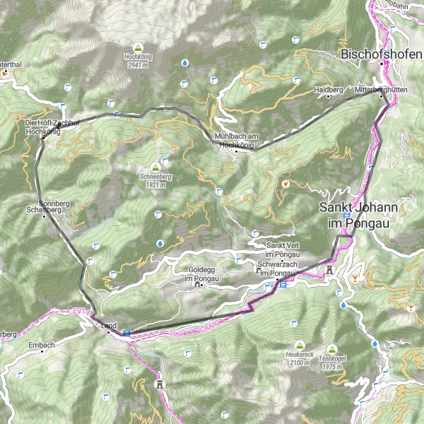 Map miniature of "Schwarzach to Hochkönig Road Loop" cycling inspiration in Salzburg, Austria. Generated by Tarmacs.app cycling route planner