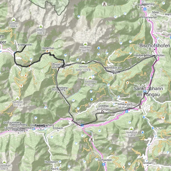 Miniature de la carte de l'inspiration cycliste "Tour de Hochkönig et Gainfeldwasserfall" dans la Salzburg, Austria. Générée par le planificateur d'itinéraire cycliste Tarmacs.app