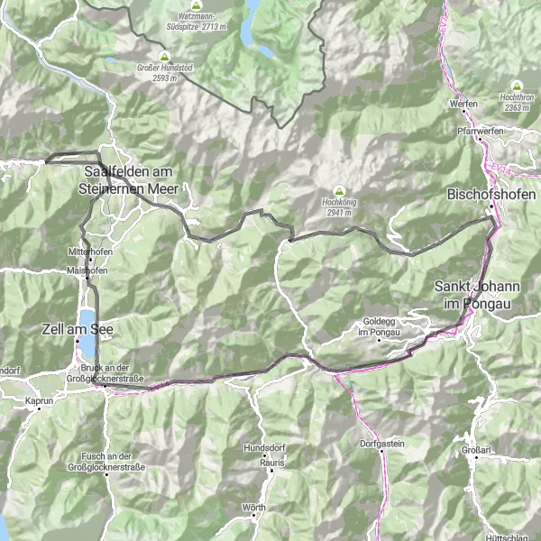 Miniature de la carte de l'inspiration cycliste "Boucle lacustre autour de Sankt Johann" dans la Salzburg, Austria. Générée par le planificateur d'itinéraire cycliste Tarmacs.app