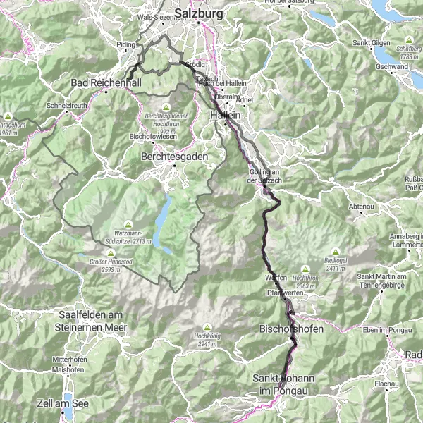 Miniaturní mapa "Náročná horská trasa kolem Salzburgu" inspirace pro cyklisty v oblasti Salzburg, Austria. Vytvořeno pomocí plánovače tras Tarmacs.app