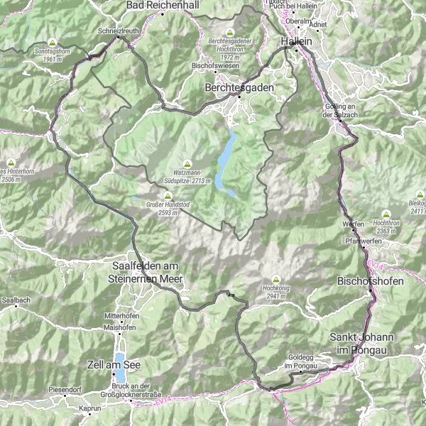 Map miniature of "The Hochkönig Circuit" cycling inspiration in Salzburg, Austria. Generated by Tarmacs.app cycling route planner