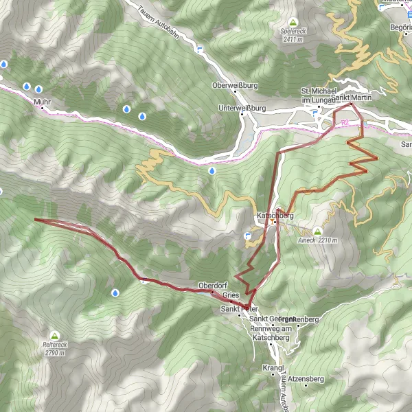 Miniatua del mapa de inspiración ciclista "Recorrido de Grava a Pölla y Sankt Martin" en Salzburg, Austria. Generado por Tarmacs.app planificador de rutas ciclistas