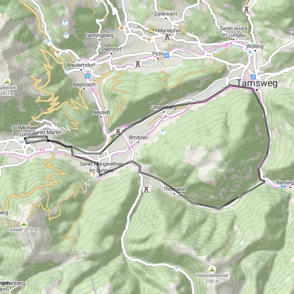 Mapa miniatúra "Výzva okolo Thomatalu" cyklistická inšpirácia v Salzburg, Austria. Vygenerované cyklistickým plánovačom trás Tarmacs.app