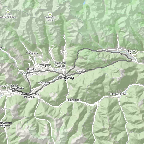 Miniatua del mapa de inspiración ciclista "Ruta de Sankt Michael a St. Wolfgang y Tamsweg" en Salzburg, Austria. Generado por Tarmacs.app planificador de rutas ciclistas