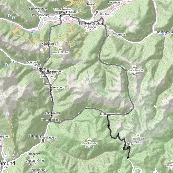 Karttaminiaatyyri "Lungauer Alpenschlingen Runde" pyöräilyinspiraatiosta alueella Salzburg, Austria. Luotu Tarmacs.app pyöräilyreittisuunnittelijalla