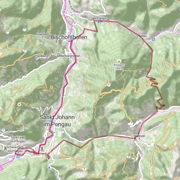 Map miniature of "Mountains and Valleys" cycling inspiration in Salzburg, Austria. Generated by Tarmacs.app cycling route planner