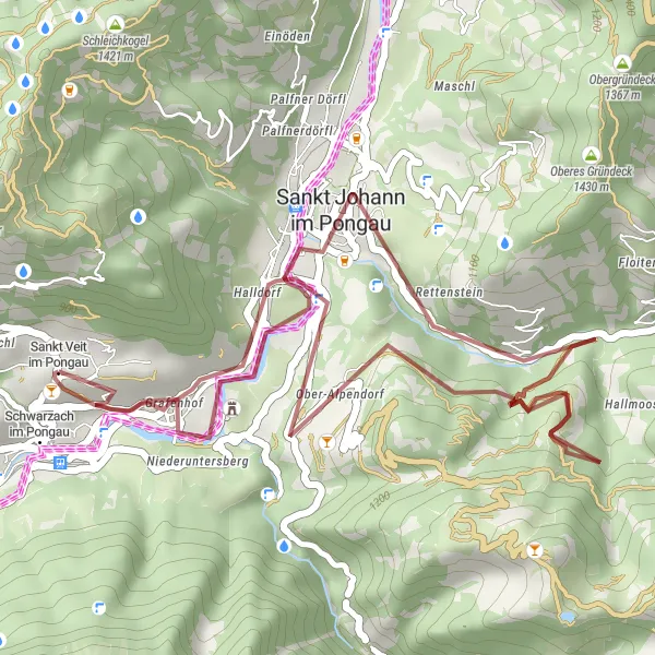 Miniatura della mappa di ispirazione al ciclismo "Esplorazione in gravèl di Burg Plankenau" nella regione di Salzburg, Austria. Generata da Tarmacs.app, pianificatore di rotte ciclistiche