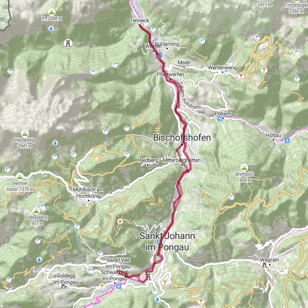 Miniatua del mapa de inspiración ciclista "Ruta por caminos de grava Schwarzach im Pongau - Sankt Johann im Pongau" en Salzburg, Austria. Generado por Tarmacs.app planificador de rutas ciclistas