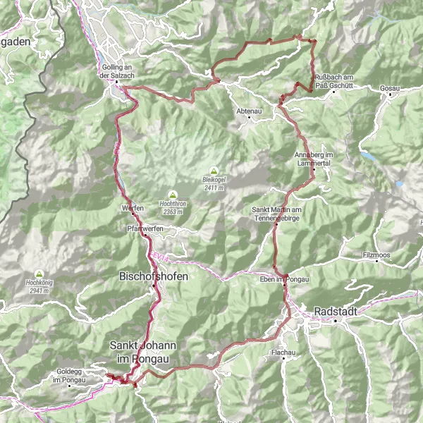 Miniaturní mapa "Gravelový dobrodružný okruh" inspirace pro cyklisty v oblasti Salzburg, Austria. Vytvořeno pomocí plánovače tras Tarmacs.app