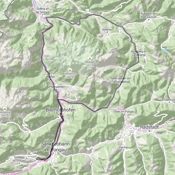 Miniatura della mappa di ispirazione al ciclismo "Il Giro del Tennengau" nella regione di Salzburg, Austria. Generata da Tarmacs.app, pianificatore di rotte ciclistiche