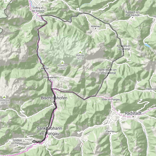 Zemljevid v pomanjšavi "Epska cestna vožnja od Sankt Veit im Pongau do Schwarzach im Pongau" kolesarske inspiracije v Salzburg, Austria. Generirano z načrtovalcem kolesarskih poti Tarmacs.app