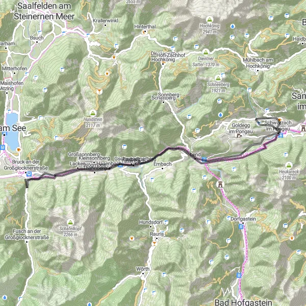 Zemljevid v pomanjšavi "Potovalna cesta skozi Alpe" kolesarske inspiracije v Salzburg, Austria. Generirano z načrtovalcem kolesarskih poti Tarmacs.app