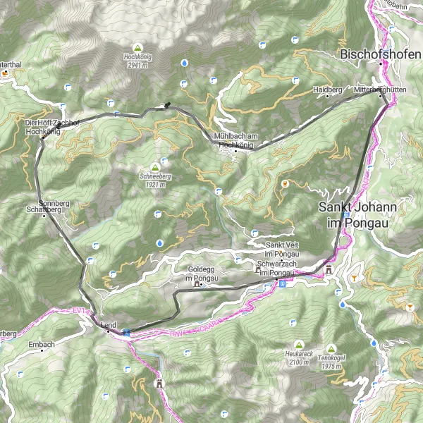 Karten-Miniaturansicht der Radinspiration "Bergabenteuer und Naturschönheiten" in Salzburg, Austria. Erstellt vom Tarmacs.app-Routenplaner für Radtouren