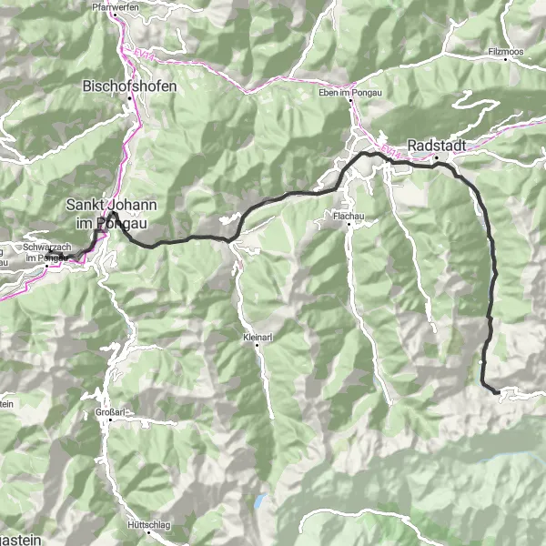 Miniatura della mappa di ispirazione al ciclismo "Giro Strada Pongau Classic" nella regione di Salzburg, Austria. Generata da Tarmacs.app, pianificatore di rotte ciclistiche
