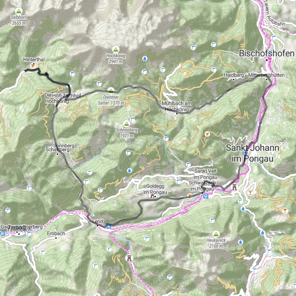 Kartminiatyr av "Vägcykling till Dienten am Hochkönig och Mühlbach am Hochkönig" cykelinspiration i Salzburg, Austria. Genererad av Tarmacs.app cykelruttplanerare