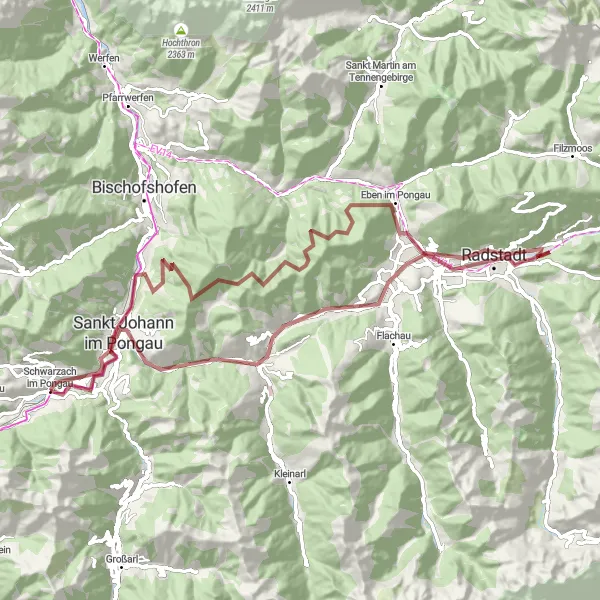Karttaminiaatyyri "Scenic gravel route in the vicinity of Schwarzach im Pongau" pyöräilyinspiraatiosta alueella Salzburg, Austria. Luotu Tarmacs.app pyöräilyreittisuunnittelijalla