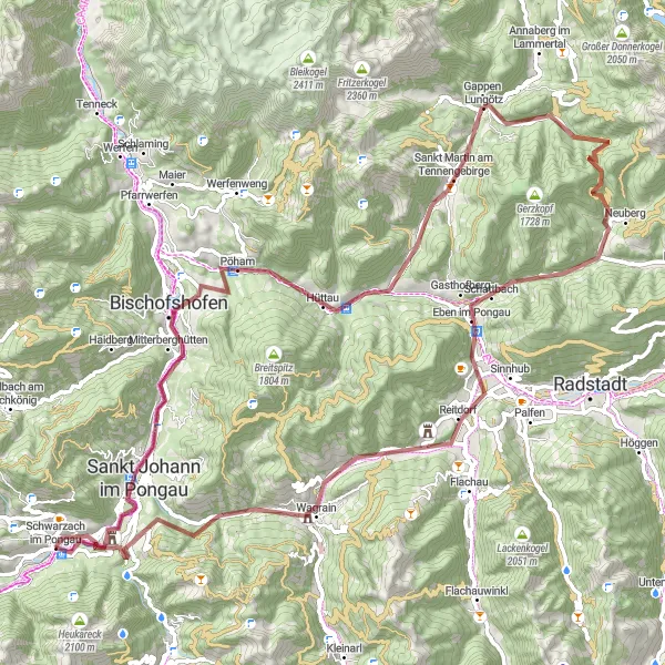 Zemljevid v pomanjšavi "Gorska avantura po makadamu" kolesarske inspiracije v Salzburg, Austria. Generirano z načrtovalcem kolesarskih poti Tarmacs.app