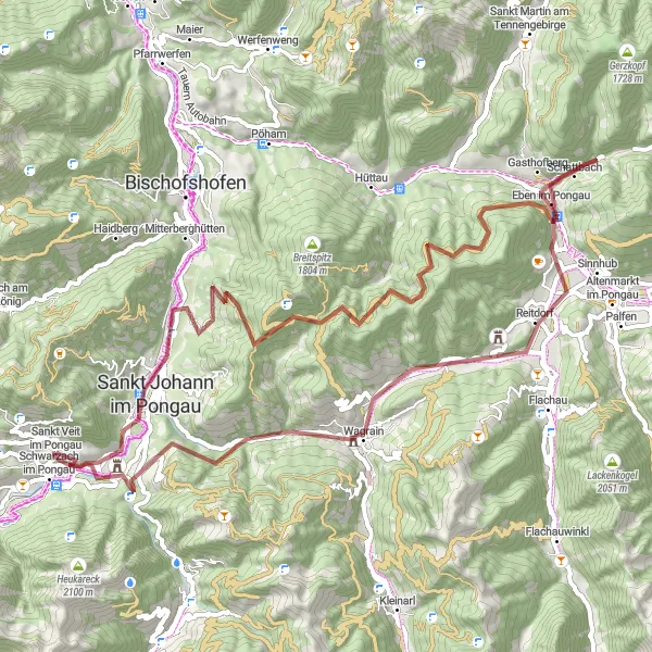 Miniaturekort af cykelinspirationen "Eventyrlig gravel cycling-rute nær Schwarzach im Pongau" i Salzburg, Austria. Genereret af Tarmacs.app cykelruteplanlægger
