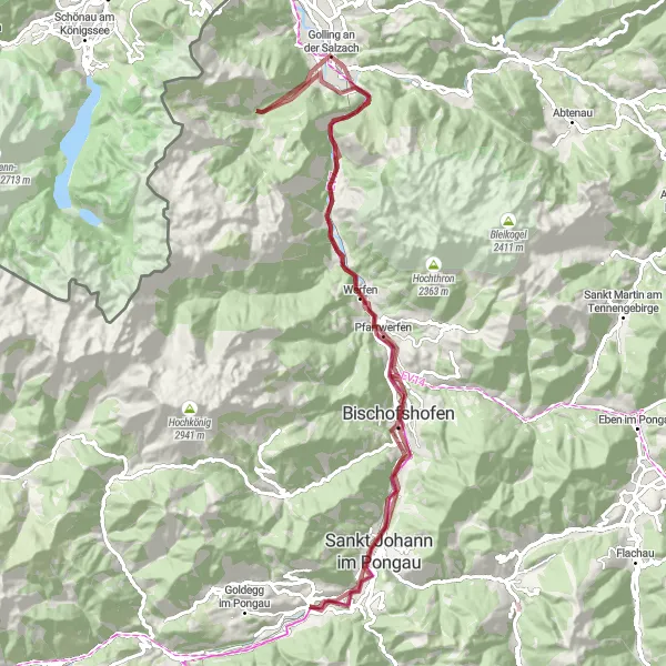 Karttaminiaatyyri "Exciting gravel cycling tour starting near Schwarzach im Pongau" pyöräilyinspiraatiosta alueella Salzburg, Austria. Luotu Tarmacs.app pyöräilyreittisuunnittelijalla