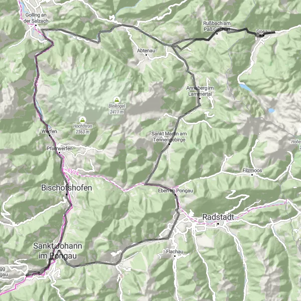 Miniature de la carte de l'inspiration cycliste "Aventure montagneuse à Eben im Pongau" dans la Salzburg, Austria. Générée par le planificateur d'itinéraire cycliste Tarmacs.app