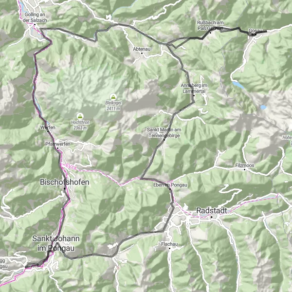 Miniaturekort af cykelinspirationen "Udfordrende road cycling-eventyr nær Schwarzach im Pongau" i Salzburg, Austria. Genereret af Tarmacs.app cykelruteplanlægger