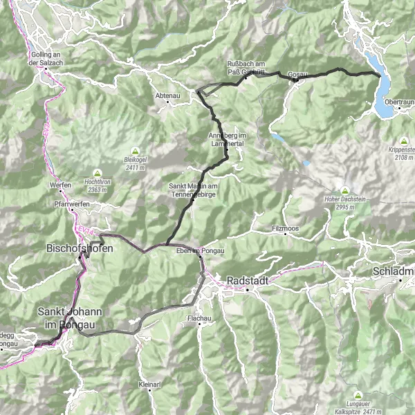 Miniatura della mappa di ispirazione al ciclismo "La Grande Avventura Ciclistica tra i Monti Salisburghesi" nella regione di Salzburg, Austria. Generata da Tarmacs.app, pianificatore di rotte ciclistiche