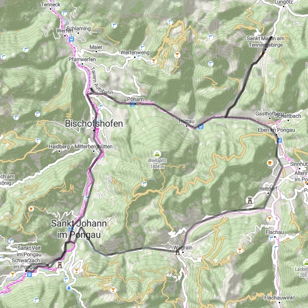 Zemljevid v pomanjšavi "77 km cestna pot" kolesarske inspiracije v Salzburg, Austria. Generirano z načrtovalcem kolesarskih poti Tarmacs.app