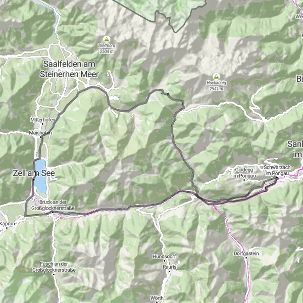 Miniaturekort af cykelinspirationen "Landevejscykelrute til Hochkönig" i Salzburg, Austria. Genereret af Tarmacs.app cykelruteplanlægger