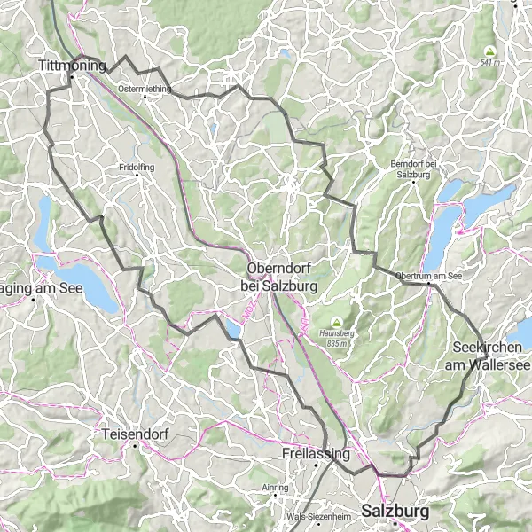 Zemljevid v pomanjšavi "Razgibana pot po Salzburškem jezeru Wallersee" kolesarske inspiracije v Salzburg, Austria. Generirano z načrtovalcem kolesarskih poti Tarmacs.app