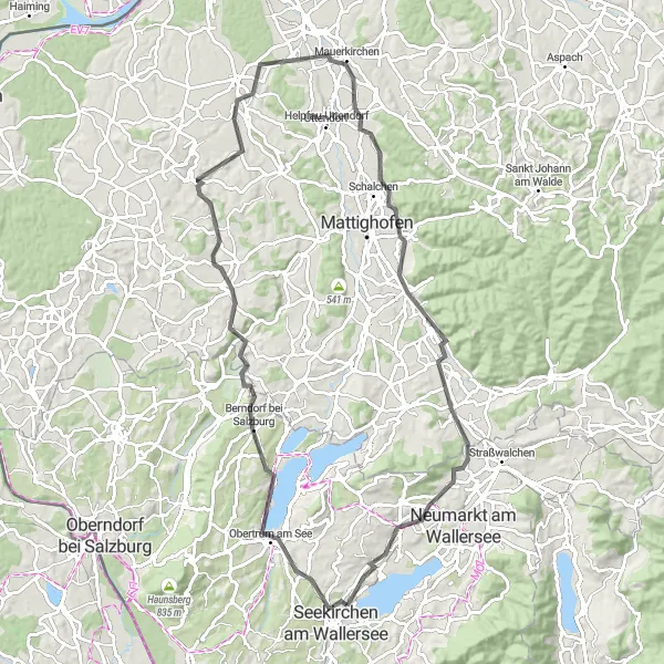 Miniatua del mapa de inspiración ciclista "Ruta escénica a través de los lagos alrededor de Seekirchen" en Salzburg, Austria. Generado por Tarmacs.app planificador de rutas ciclistas