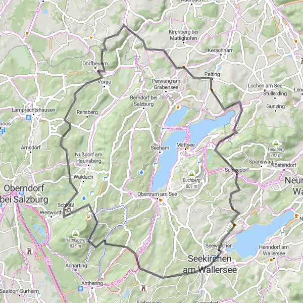 Miniatura mapy "Przyjemna trasa szosowa przez okolice Seekirchen am Wallersee" - trasy rowerowej w Salzburg, Austria. Wygenerowane przez planer tras rowerowych Tarmacs.app