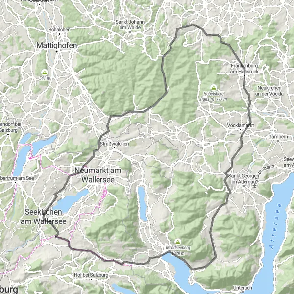 Map miniature of "Seekirchen am Wallersee - Tiefsteinklamm Round Trip" cycling inspiration in Salzburg, Austria. Generated by Tarmacs.app cycling route planner
