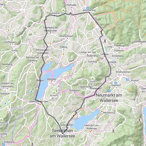 Miniatua del mapa de inspiración ciclista "Ruta de bicicleta de carretera Seekirchen-Kirchberg" en Salzburg, Austria. Generado por Tarmacs.app planificador de rutas ciclistas