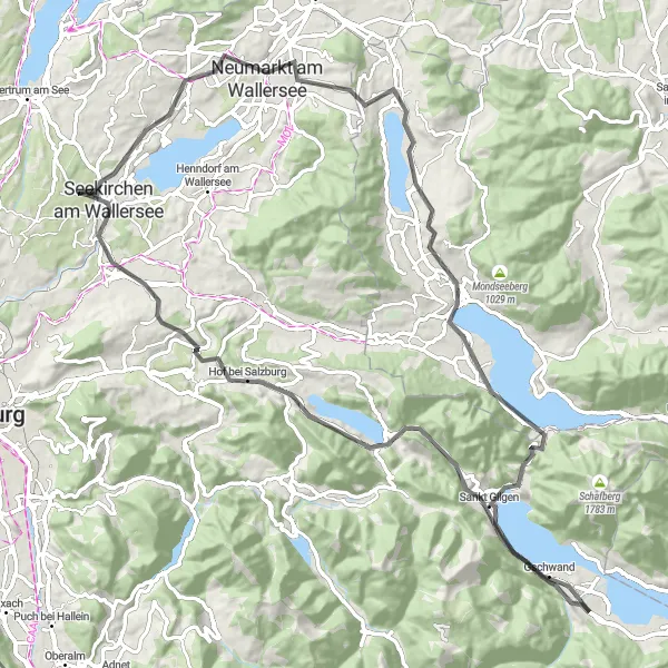 Miniature de la carte de l'inspiration cycliste "Parcours panoramique autour des lacs" dans la Salzburg, Austria. Générée par le planificateur d'itinéraire cycliste Tarmacs.app