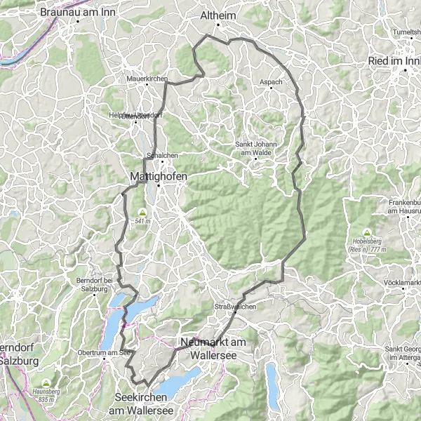 Miniature de la carte de l'inspiration cycliste "Aventure à travers les collines et villages" dans la Salzburg, Austria. Générée par le planificateur d'itinéraire cycliste Tarmacs.app