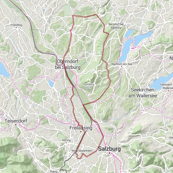 Miniatura della mappa di ispirazione al ciclismo "Percorso gravel di 73 km vicino Siezenheim" nella regione di Salzburg, Austria. Generata da Tarmacs.app, pianificatore di rotte ciclistiche