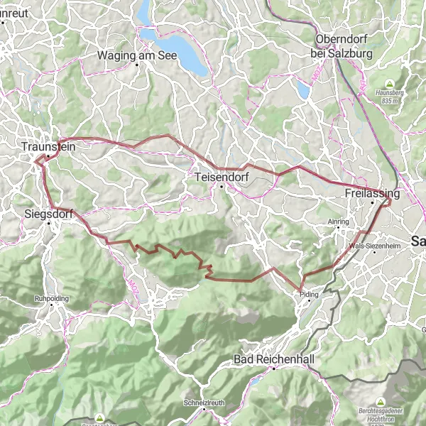 Miniatura della mappa di ispirazione al ciclismo "Percorso ciclabile off-road verso Siegsdorf" nella regione di Salzburg, Austria. Generata da Tarmacs.app, pianificatore di rotte ciclistiche