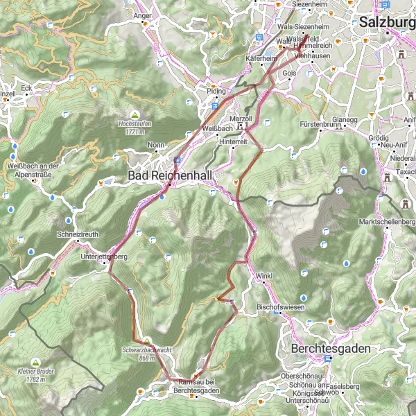 Miniatura della mappa di ispirazione al ciclismo "Avventuroso giro gravel di 59 km vicino Siezenheim" nella regione di Salzburg, Austria. Generata da Tarmacs.app, pianificatore di rotte ciclistiche